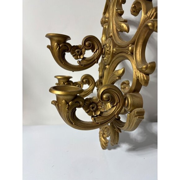 Vtg 1978 Syroco Triple Gold Ornate Wall Sconce Candle Holder Hollywood Regency - Picture 4 of 6